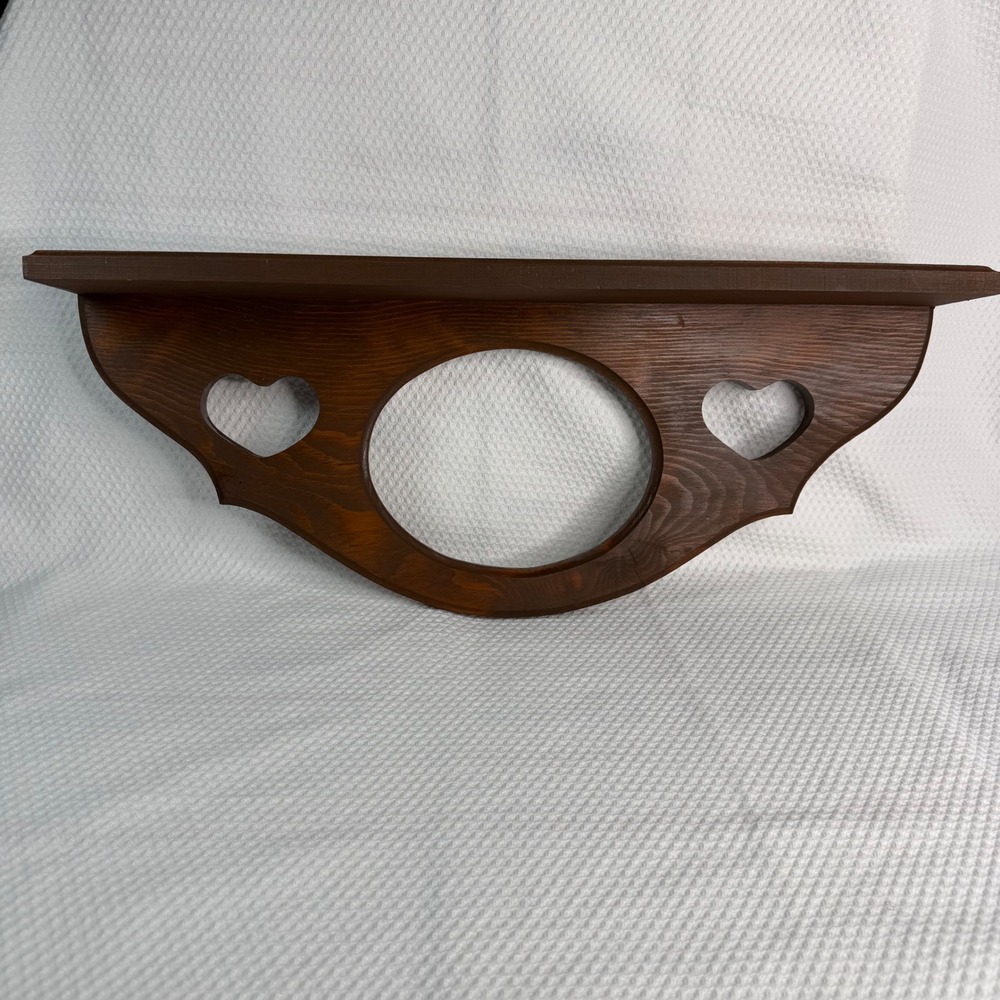 Vintage Wood Wall Shelf Heart Cutouts Country Rustic Dark Brown Display Ledge